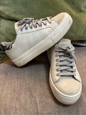 P448 Light Gray & white Suede & animal print Leather Platform Sneakers